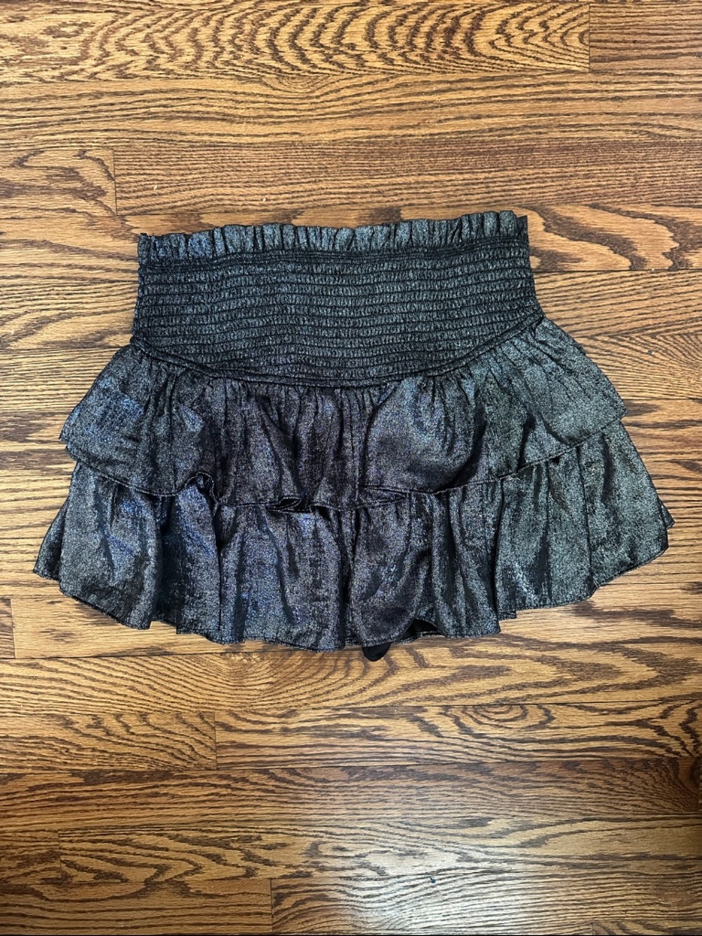 Mustard Seed Shimmery Black Smocked Ruffle Mini Skirt